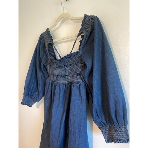 NWT Free People "This is Everything" baby doll Tie smocked Denim Mini Dress XS - Picture 6 of 9